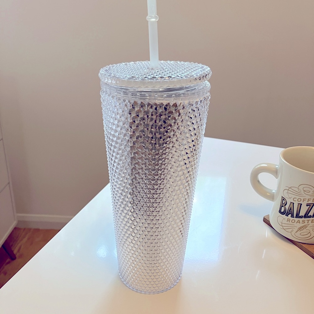 SOLD - Brand New and Unused Clear Patterned Drinking Cup with Straw